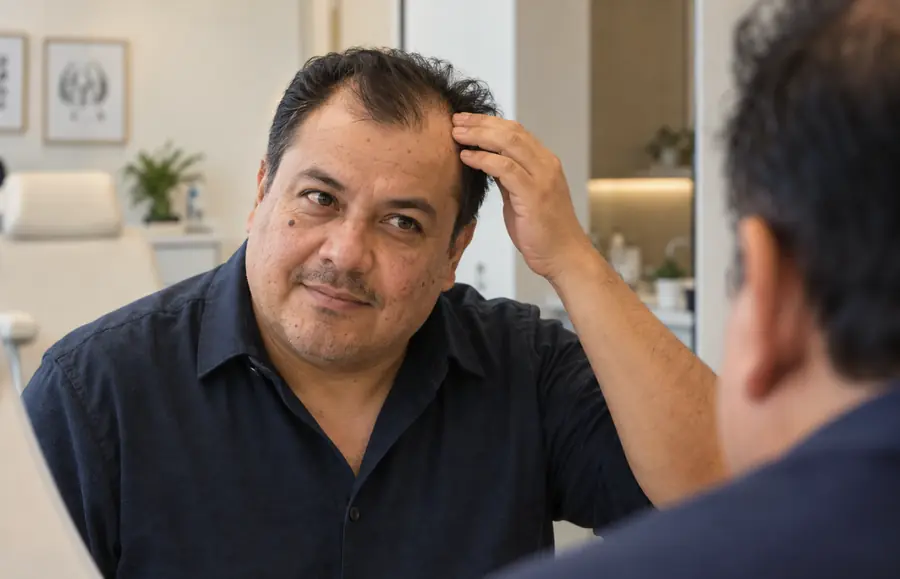 Hombre observando pérdida de cabello en entradas antes de una valoración